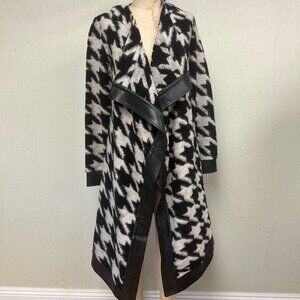 NWT 2000s Houndstooth Faux Leather Trim Open Front Wool Blend Sweater Coat M